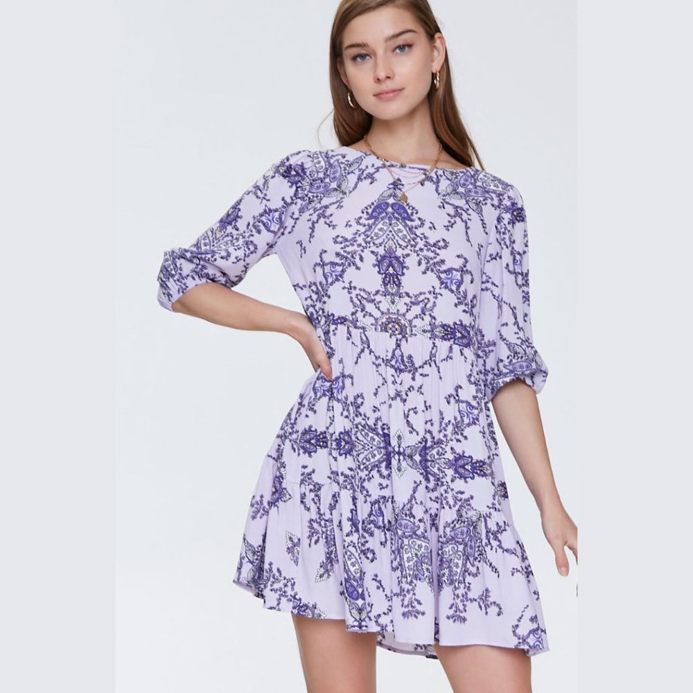 NWT Forever 21 Ornate Lavender Floral Print Swing Boho Dress - Small